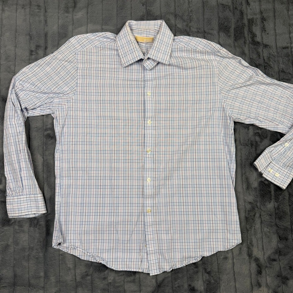 Michael Kors Mens Slim Fit Plaid Dress Shirt Blue Purple White 16.5 34/35 Large